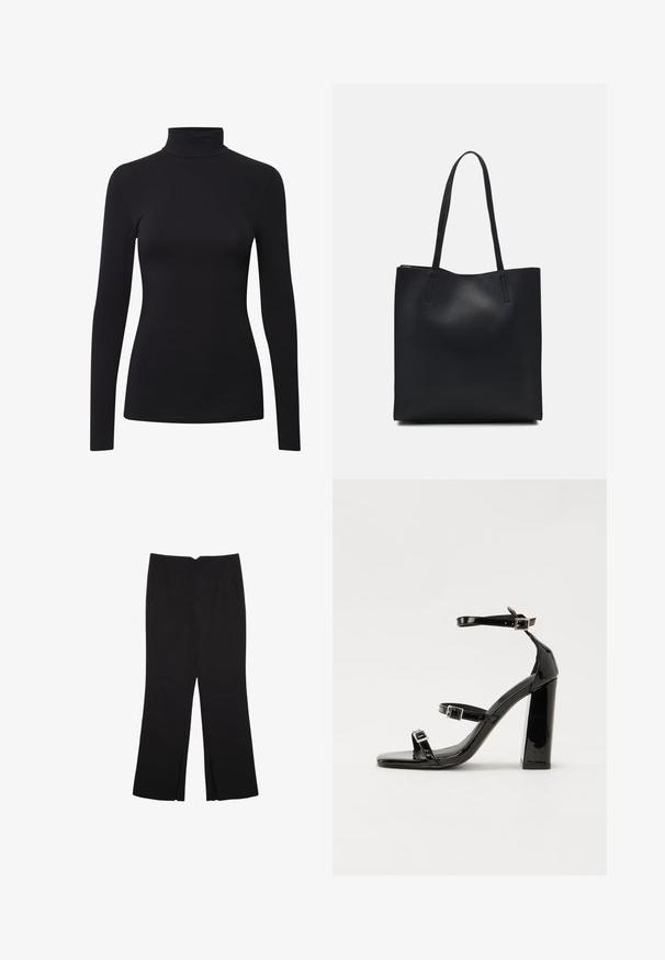 Schwarzes langärmeliges Turtleneck-Shirt aus weichem, elastischem Material mit einer figurbetonten Passform und nahtlosem Design für ein glattes Erscheinungsbild.; Schwarze Hose mit geradem Schnitt, ausgestattet mit Fronttaschen und Seitenschlitzen am Saum. Hergestellt aus weichem, glattem Stoff. Geeignet für verschiedene Anlässe.; Schwarze patentierte Sandalen mit Absatz, quadratischer Spitze, Knöchelriemen und silbernen Schnallen. Mit einem stabilen Blockabsatz für mehr Stabilität.; Schwarze Laptoptasche aus Leder mit glatter Textur, rechteckiger Form und zwei langen Griffen. Keine sichtbaren Beschläge oder Verzierungen.