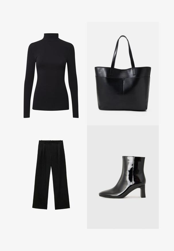 Cămașă neagră cu mâneci lungi și guler înalt, realizată dintr-un material moale și elastic, având un design ajustat și o construcție fără cusături pentru un aspect uniform.; Pantaloni negri cu picioare largi și pliseuri, având o textură netedă și un design cu talie înaltă. Stil minimalist, fără accesorii sau detalii vizibile.; Botine negre din piele lacuită, cu vârful ascuțit și toc bloc de înălțime medie. Textură netedă și design minimalist.; Geantă oversized din piele neagră, cu două mânere lungi, de textură netedă și formă structurată. Are un buzunar frontal pentru stocare suplimentară.
