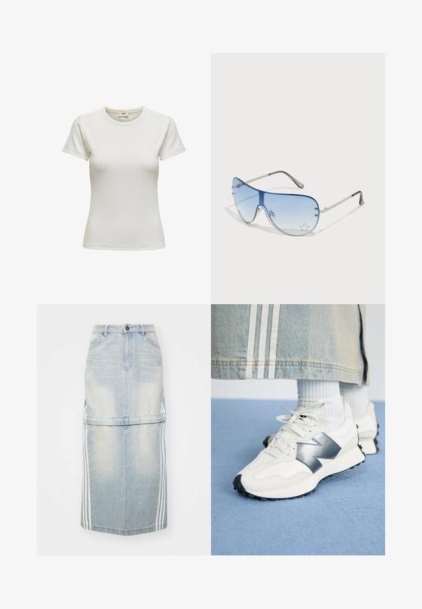 Biela tričká s krátkym rukávom a okrúhlym výstrihom, vyrobené z rebrovanej tkaniny. Hladká textura a priliehavý strih. Štítok viditeľný vo vnútri pri golieri.; Džínová midi sukňa v svetlom modrom odtieni, s bočnými pruhmi, priliehavým pásom a prednými vreckami. Ošúchaná textúra dodáva detail.; Biele atletické tenisky so strieborným akcentom, textúrovanou tkaninou a hladkou kožou; s čiernou gumovou podrážkou a šnúrkami.; Pilotné slnečné okuliare s prechodovým modrým sklom, strieborným kovovým rámom a ozdobnými hviezdičkovými akcentmi na sklách. Hladký a elegantný dizajn.