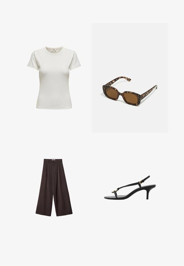 Biała koszulka z krótkim rękawem o okrągłym dekolcie, wykonana z materiału prążkowanego. Gładka tekstura i dopasowany fason. Metka widoczna wewnątrz przy kołnierzu.; Czarne spodnie z szerokimi nogawkami i wysokim stanem, z plisami z przodu oraz zapięciem na guzik w talii, wykonane z gładkiego materiału.; Czarne skórzane sandały na koturnie z cienkimi paskami, złotą klamrą i minimalistycznym pętelką na palce na białym tle.; Okulary przeciwsłoneczne w kratkę z zaokrągloną, grubą oprawą i brązowymi soczewkami. Posiadają subtelne wzory oraz proste, zwężane zauszniki.; Czarna skórzana torba na ramię o gładkiej fakturze, zaokrąglonym kształcie i regulowanym uchwycie. Charakteryzuje się minimalnym przeszyciem i prostym designem.