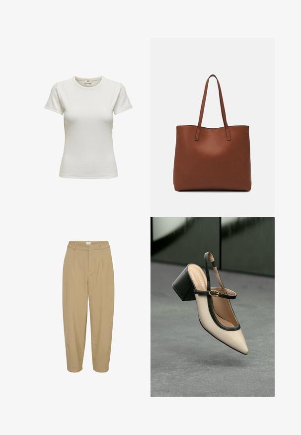 Bijela majica s kratkim rukavima i okruglim izrezom, izrađena od rebrastog materijala. Glatka tekstura i prilagođen kroj. Oznaka vidljiva unutar ovratnika.; Khač traperice s krojem koji pristaje, s visokim strukom, dva prednja nabora i sužavajućim nogavicama; glatka tkanina bez uzoraka ili ukrasa.; Bež cipele s otvorenom petom i šiljastim vrhom, crnim obrubom, zlatnom kopčom i debelim blok-petom na sivom podu s tamnozelenom pozadinom.; Smeđa kožna torba preko ramena s glatkom teksturom, otvorenim vrhom i dvjema naramenicama. Ima minimalne šavove i nema vidljivog hardvera.