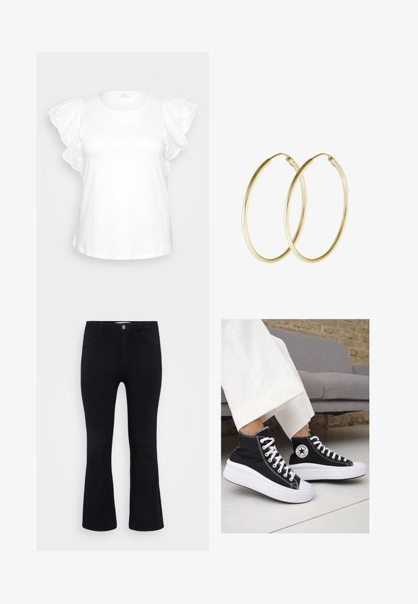 Hvid bluse med puffede ærmer, udsmykket med dekorativ eyelet-broderi og rund halsudskæring. Minimalistisk design på en grå baggrund.; ONLY Carmakoma CARTHUNDER PUSH UP - Flared jeans - black denim; Sorte høj-top sneakers i lærred med hvide gummisåler og snørebånd. Har et rundt logo på siden og kontrasterende hvide syninger.; Guld hoops øreringe med et glat, rundt design og en blank finish. Letvægts konstruktion med en sikker låsemekanisme.