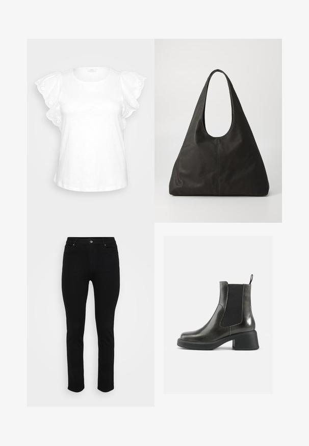 Weiße Bluse mit Puffärmeln, verziert mit dekorativer Lochstickerei und rundem Ausschnitt. Minimalistisches Design auf grauem Hintergrund.; Schwarze Jeans aus Denim mit schlanker Passform, Fünf-Taschen-Design, vorderer Knopfverschluss und leichtem Stretch für Komfort. Flache, glatte Textur mit minimalen Details.; Schwarze Leder-Ankle-Boots mit glatter Oberfläche, elastischen Seitenpanelen und einem massiven Absatz. Sie verfügen über eine Zugschlaufe für einfaches Anziehen.; Schwarze Ledertasche mit einem geschwungenen Griff, elongated dreieckiger Form und glatter Textur. Besitzt ein minimalistisches Design ohne sichtbare Beschläge.; Silberne Metallohrringe mit einem wellenförmigen, skulpturalen Design, das eine polierte Oberfläche und unregelmäßige Formen aufweist, die eine zeitgenössische Ästhetik betonen.