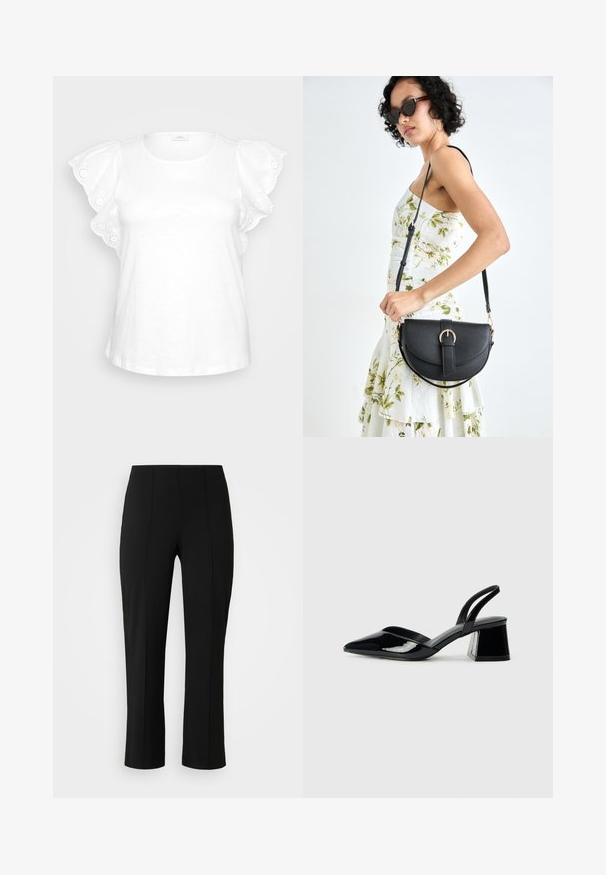 White blouse featuring puffed sleeves with decorative eyelet embroidery and a round neckline. Minimalistic design on a gray background.; Vero Moda Curve VMCBECKY PULL ON - Trousers - black; Black patent leather slingback heels with a pointed toe and a geometric block heel. Features a sleek, minimal design and smooth texture.; Black leather handbag with a curved shape, detachable strap, and gold hardware. The bag features a flap with a buckle detail.