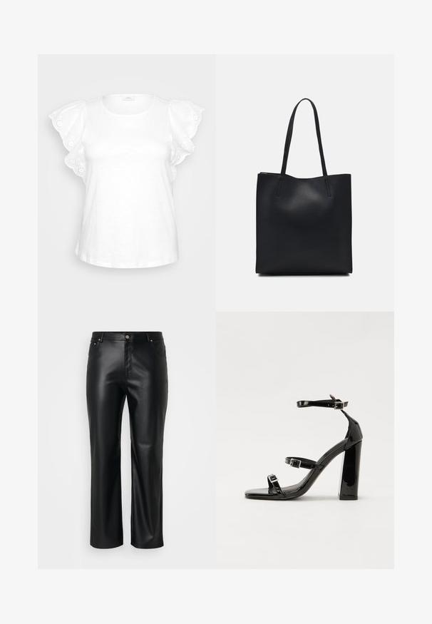 White blouse featuring puffed sleeves with decorative eyelet embroidery and a round neckline. Minimalistic design on a gray background.; Black faux leather pants with a straight cut, featuring belt loops, front pockets, and a zip fly with a button closure. Smooth texture.; Black patent heeled sandals with a square toe, ankle straps, and silver buckles. Features a chunky block heel for stability.; Black leather tote bag with smooth texture, rectangular shape, and two long handles. No visible hardware or embellishments.