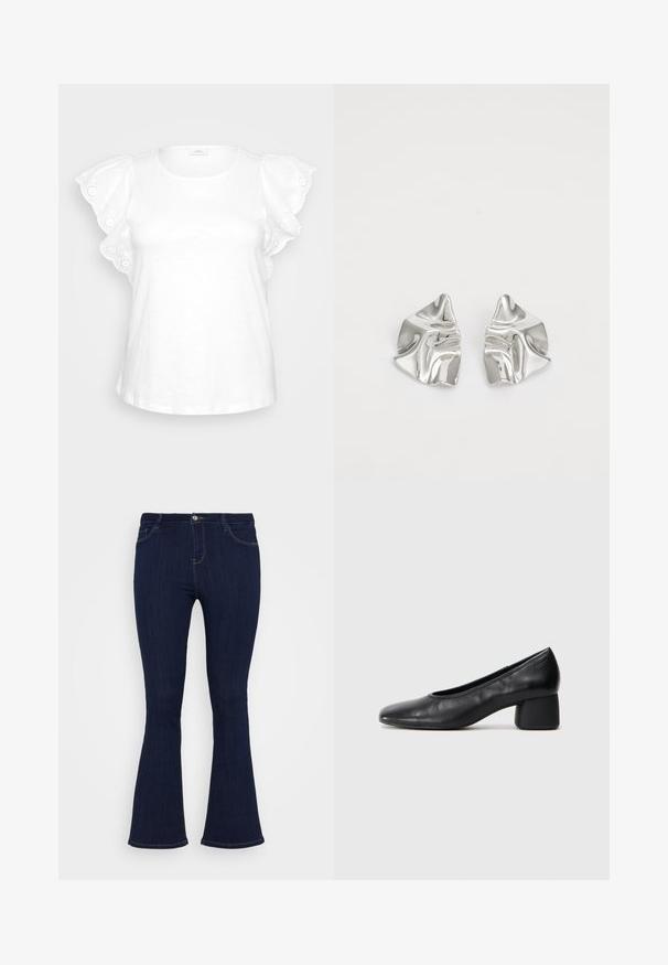 Witte blouse met opstaande mouwen en decoratieve oogjesborduursels, met een ronde halslijn. Minimalistisch ontwerp op een grijze achtergrond.; Donkerblauwe high-waisted denim jeans met een aansluitende pijp en een lichte flare aan de onderkant, voorzien van voorzakken en een knoopsluiting.; Zwarte leren pump met een ronde neus en een middenblokhak. Glad textuur met minimale details, voorzien van een subtiele elastische opening.; Zilveren metalen oorbellen met een golvend, sculpturaal ontwerp, voorzien van een gepolijste afwerking en onregelmatige vormen, die een hedendaagse esthetiek benadrukken.
