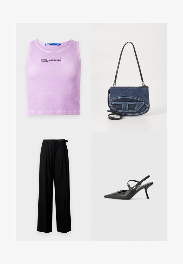 Levanduľový rebrovaný crop top s okrúhlym výstrihom a výšivkou "KARL LAGERFELD JEANS" tmavým vláknom na hrudníku.; Čierne široké nohavice s vysokým pásom, skladmi vpredu a opaskom s prackou. Vyrobené z hladkej, ľahkej textílie.; Čierne kožené slingback topánky na vysokom podpätku s ostrou špicou, štíhlym podpätkom a dekoratívnym detailom s prackou na priehlavku. Hladká textúra a elegantný dizajn.; Džínová crossbody taška s čiernym koženým popruhom, oválny dizajn loga na prednej strane a zips na vrchu. Textúrovaný povrch.