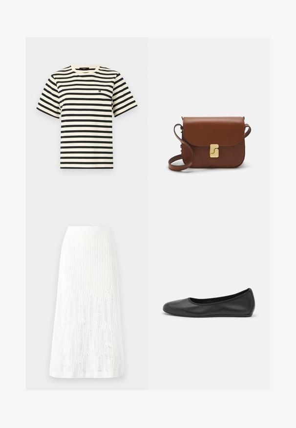 Pruhované tričko s horizontálními černými a krémovými pruhy, kulatým výstřihem, krátkými rukávy a malým logem na hrudi.; Pletená bílá midi sukně s texturovaným vzorem a vertikálními pruhy a výřezovými detaily podél spodního okraje. Elastický pas. Měkký materiál.; Černé kožené baletní byty s kulatou špičkou, hladkou texturou, minimálními švy a flexibilním designem podrážky.; Hnědá kožená kabelka s klopou, zlatými kovovými detaily, ramenním popruhem a hladkým povrchem. Kompaktní obdélníkový tvar.
