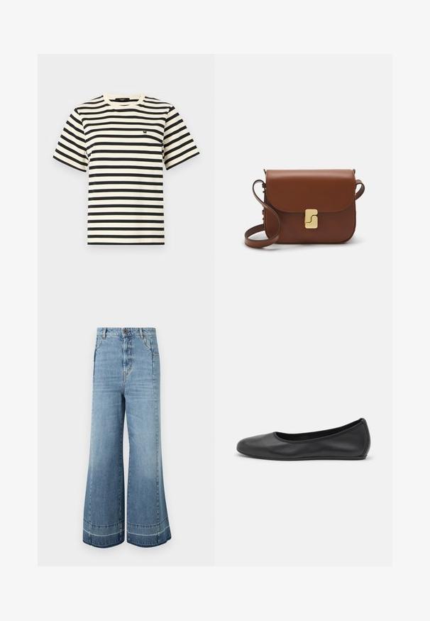 Ribaga T-särk, millel on horisontaalsed mustad ja kreemjad triibud, ümar kaelus, lühikesed varrukad ja väike logo rinnal.; WEEKEND MaxMara AGENDA - Avar lõikega teksad - navy; Musthave mustika tantsutossud mustast nahast, ümmarguse varbaga, siledast tekstuurist, minimaalse õmblusdetailiga ja paindliku tallakujundusega.; Pruunist nahast käekott, millel on klapiga sulgur, kuldne riistvara, õlarihm ja sile tekstuur. Kompaktne ristkülikukujuline vorm.