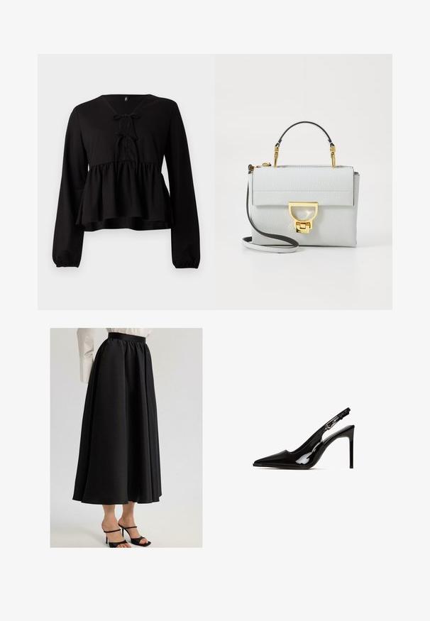 Top negro de mangas largas con escote en V, detalle de lazo en el frente y cintura acampanada. Confeccionado en material suave y con un corte holgado.; Falda maxi negra hecha de una tela suave, con una cinturilla fruncida y un diseño fluido, combinada con sandalias de tacón negro con tiras.; Tacón slingback de charol negro con puntera afilada y tacón de aguja. Presenta un diseño con cortes y una correa ajustable con herrajes metálicos.; Bolso estructurado de color gris claro hecho de cuero texturizado. Cuenta con un cierre en tono dorado, correa de hombro desmontable y un asa superior corta.; Reloj de metal cuadrado con una pulsera de eslabones en tonos plata y oro. Esfera blanca que muestra marcadores y manecillas doradas. Marca en la posición de las 12 en punto.