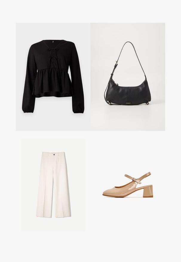 Černý top s dlouhými rukávy, véčkovým výstřihem, předním zavázáním a rozšířeným pasem. Vyrobený z měkkého materiálu s uvolněným střihem.; Krémové široké kalhoty s tailored designem, které mají dvě přední kapsy a jedno zapínání na knoflík vpředu, vyrobené z hladkého materiálu.; Béžová lakovaná slingback obuv s kulatou špičkou, nastavitelným páskem kolem kotníku a blokovým podpatkem. Hladká textura, minimalistický design.; Černá kožená kabelka přes rameno s texturovaným povrchem, zakřiveným tvarem, nastavitelným popruhem a zlatými kovovými detaily. Logo na přední straně.