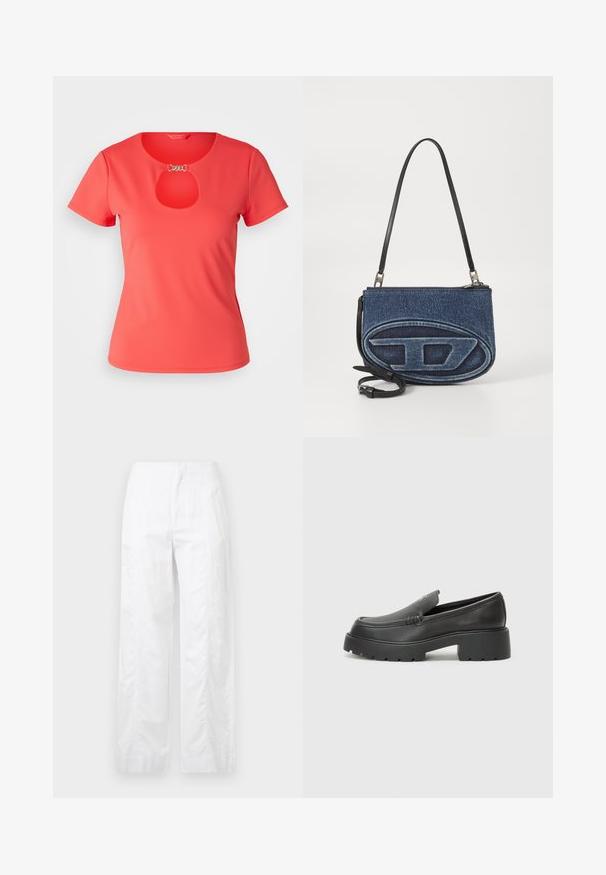 Koralna kratka majica s kratkimi rokavi, okroglo izrezana, z odprtino na prsih, narejena iz gladkega materiala. Poudarjena z železnimi dodatki v srebrni barvi.; Bela široka hlače iz lahkega materiala, ki se ponašajo z gladko teksturo, čistimi linijami in visokim pasom.; Črne usnjene loafers čevlje z zaobljenim nosom, debelim teksturiranim podplatom in minimalnimi šivi. Elegantna zasnova brez vidnih vezalk ali kovinskih delov.; Denim torba preko ramena z črnim usnjenim trakom, ovalni logotip na sprednji strani in zadrgo na vrhu. Teksturirana površina.