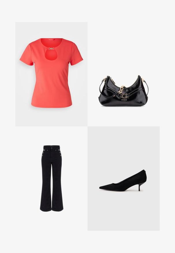 Koralna kratka majica s kratkimi rokavi, okroglo izrezana, z odprtino na prsih, narejena iz gladkega materiala. Poudarjena z železnimi dodatki v srebrni barvi.; Črne zvonaste kavbojke iz mešanice bombaža s visokim pasom, gumbnimi detajli ob straneh in gladko teksturo. Klasična silhueta in vsestranska zasnova.; Črne semiš visoke pete z običajem in tankim, nizkim petom. Gladka tekstura s elegantnim dizajnom, brez vidnih kovinskih delov.; Črna lakasta torba z ukrivljenim dizajnom, z zlatimi kovinskimi dodatki in izrazitim logotipom. Vključuje snemljiv rame podloženi trak.