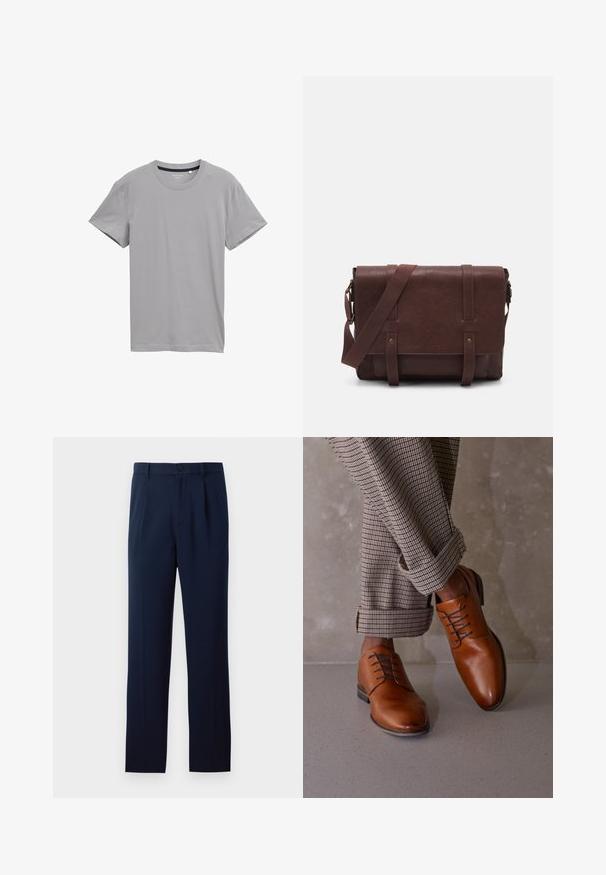 Graues Kurzarm-T-Shirt aus weichem Stoff, mit klassischem Rundhalsausschnitt und geradem Saum, ohne Muster oder Verzierungen.; Drei Langarmhemden: hellblau, weiß und marineblau. Alle haben einen klassischen Kragen und eine knöpfbare Vorderseite, aus glattem Stoff gefertigt.; Marineblaue Hose aus glattem Stoff, mit einem einzigen Knopfverschluss, Falten und geraden Beinen. Minimalistisches Design ohne auffällige Muster.; Braune Lederschuhe haben eine abgerundete Zehenpartie, ein schnürendes Design mit fünf Ösen und kontrastierenden dunklen Schnürsenkeln. Die Hose ist karriert und an den Säumen aufgerollt.; Braune Leder-Umhängetasche mit einer flachen Vorderklappe, zwei Riemen, goldenen Hardware-Akzenten und einem verstellbaren Schultergurt.