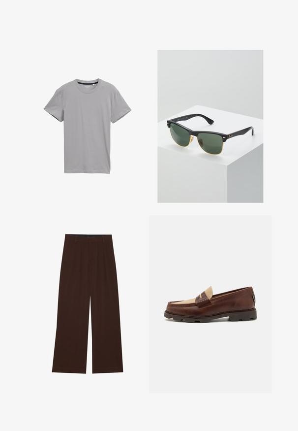 Pelēks īsām piedurknēm T-kreklis, izgatavots no mīkstas auduma, ar klasisku apaļu kakla izgriezumu un taisnu malu, bez rakstiem vai rotājumiem.; Brūni plaša kāju bikses ar krokām. Izgatavotas no gluda auduma, ar pielāgotu jostas vidi un sānu kabatām. Lietus piegriezums apakšā.; Brūni ādas loafers ar pelēkā kanvas akcentu, stitch detail un teksturētu gumijas zoli, kas paredzēta komfortam un izturībai.; Ray-Ban saulesbrilles ar zaļiem stikliem, melniem plastmasas rāmiem un zelta akcentiem malās. Kvadrāta forma ar matētu apdari.
