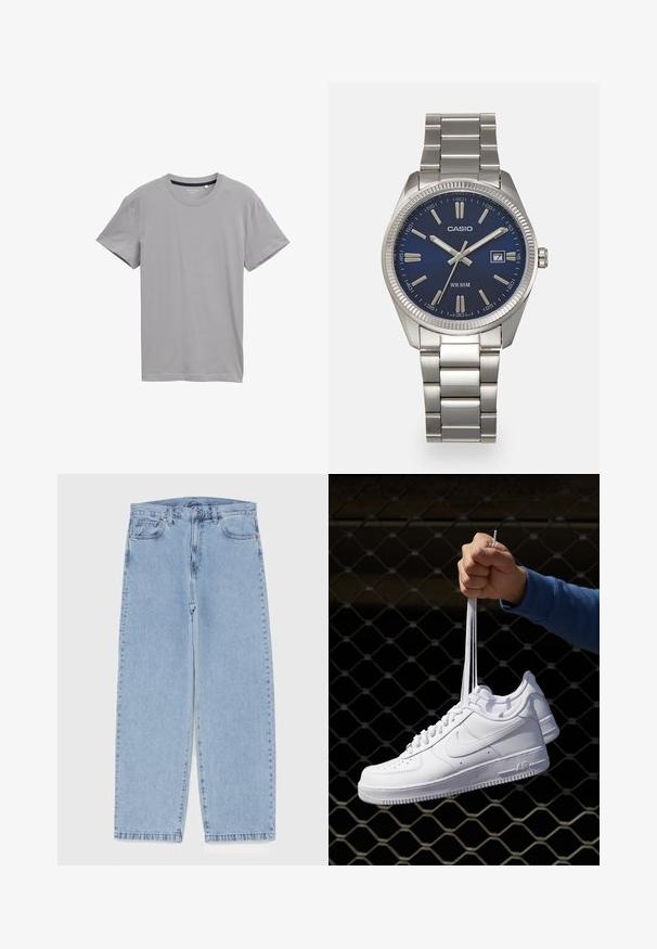 Siva majica kratkih rukava od mekanog materijala, s klasičnim okruglim izrezom i ravnim rubom bez uzoraka ili ukrasa.; Svijetloplave traperice s ravnim nogavicama, sa srednjim strukom, pet džepova i zatvaranjem na dugme i patentni zatvarač.; Bijele kožne tenisice s perforacijama, okruglim vrhom, ravnim potplatom i debelim vezicama, s vidljivim swoosh logom i natpisom "AIR" na peti.; Srebrni sat od nehrđajućeg čelika s tamnoplavim brojčanikom, metalnim oznakama sati i prozorom za datum na 3 sata. Vodootporan do 50 metara.