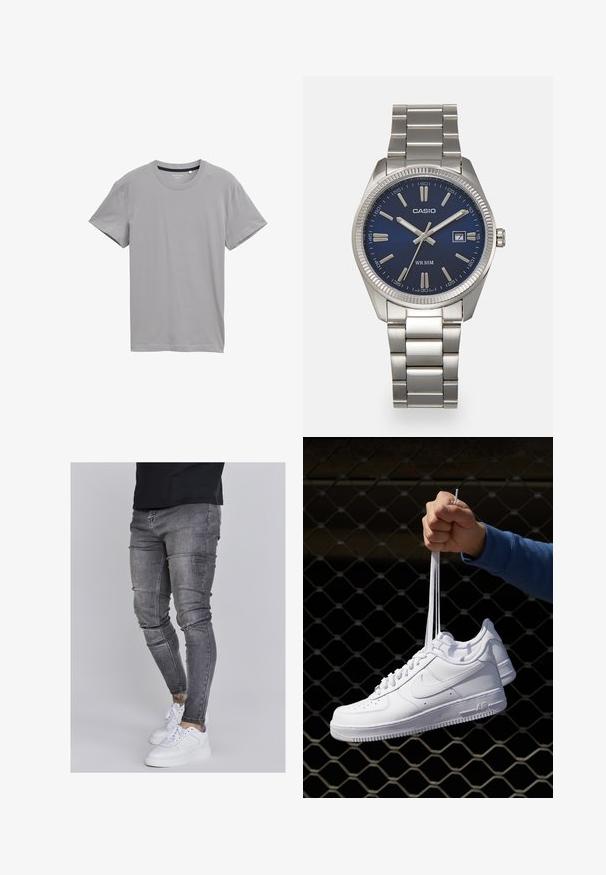 Graues Kurzarm-T-Shirt aus weichem Stoff, mit klassischem Rundhalsausschnitt und geradem Saum, ohne Muster oder Verzierungen.; Schlanke Jeans aus ausgebleichtem grauem Denim, mit abgenutzten Details an den Knien, kombiniert mit weißen Sneakers. Glatte Textur, schlanker Schnitt.; Weiße Leder-Sneaker mit Perforationen, runder Zehenpartie, flacher Sohle und dicken Schnürsenkeln, mit sichtbar eingesticktem Swoosh-Logo und "AIR" an der Ferse.; Silberner Armbanduhr aus Edelstahl mit einem dunkelblauen Zifferblatt, metallischen Stundenmarkierungen und einem Datumsfenster bei 3 Uhr. Wasserdicht bis 50 Meter.