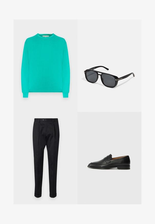 Long-sleeve shirt in bright turquoise, made of soft fabric. Features a round neckline and fitted cuffs. Simple, unadorned design.; Black trousers made of a smooth fabric, featuring a fold at the front, a button closure, and rolled cuffs at the ankle.; Black leather loafer with a rounded toe, subtle stitched detailing, and a low heel, featuring a smooth texture and minimalist design.; Black square sunglasses with gray lenses, featuring sleek gold accents on the temples and a matte finish frame for a contemporary look.