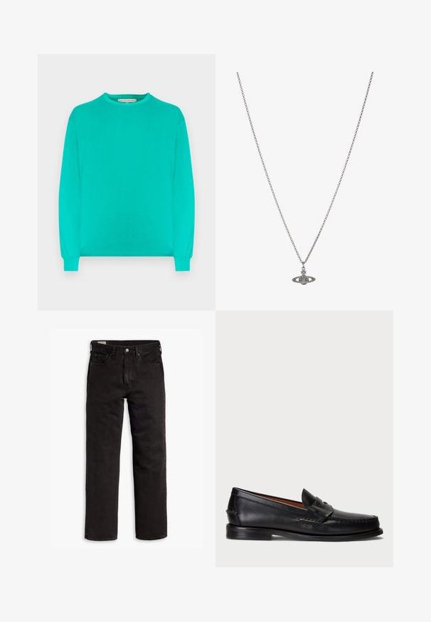 Camisa de manga comprida em turquesa vibrante, feita em tecido macio. Apresenta decote redondo e punhos ajustados. Design simples, sem adornos.; Jeans de denim pretos de perna reta com cinco bolsos, fecho de botão e passantes para cinto, dispostos em uma superfície branca.; Sapato de couro preto tipo loafer com bico arredondado, detalhes em costura e faixa decorativa na frente. Sola plana com perfil mínimo.; Colar de corrente prateada com um pendente detalhado em forma de planeta, adornado com pequenos detalhes e padrões intrincados.