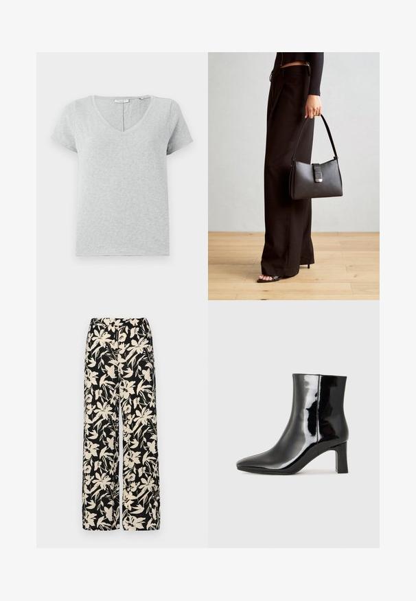 Pelēks īsām piedurknēm T-krekls, izgatavots no mīksta auduma ar V veida kakla izgriezumu un brīvu piegriezumu. Tam ir smalka tekstūra un vienkāršs dizains.; Melni platie bikses ar krēmkrāsas ziedu rakstu. Izgatavotas no viegla auduma, kuram ir gluda tekstūra un augsta jostasvietas daļa.; Melnas patentētas ādas potīšu zābaki ar norādītu pirkstu un vidēja augstuma kvadrātveida papēdi. Gluda tekstūra un minimālisma dizains.; Melnā somiņa ar strukturētu formu, gludu tekstūru un metālu sprādzi. Saskaņota ar platām melnām biksēm un sandālēm ar atvērtu purngalu uz koka grīdas.