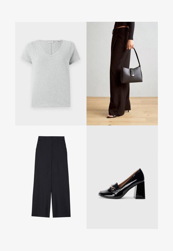 Gray short-sleeve T-shirt made of soft fabric with a V-neckline and a relaxed fit. Features subtle texture and a simple design.; Wide-leg trousers in dark navy fabric, featuring a smooth texture, front pleats, and decorative gold-tone eyelets on the side pockets.; Black patent leather high-heeled shoe with a pointed toe and block heel. Features a decorative strap and buckle detail on the vamp.; Black handbag with structured shape, smooth texture, and a metallic clasp. Paired with wide black pants and open-toe sandals on wooden floor.