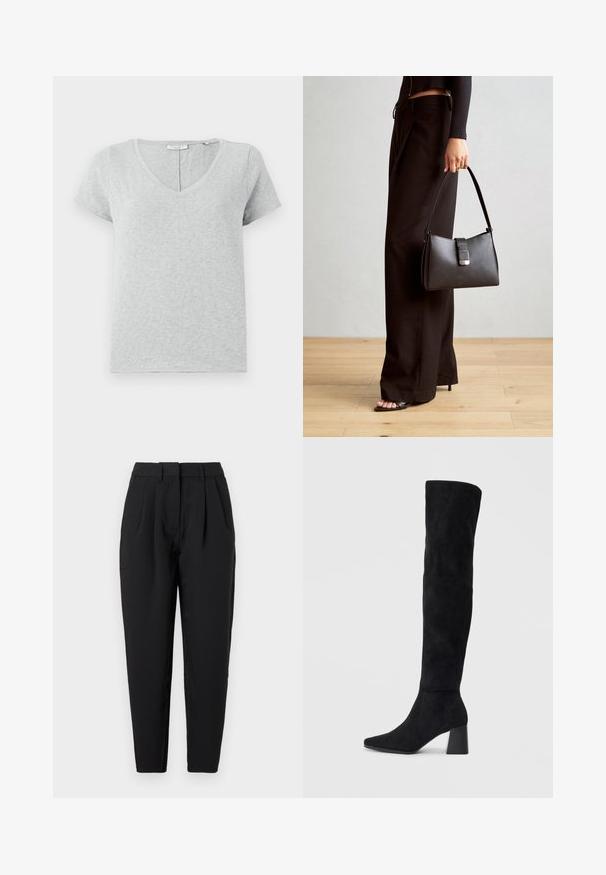 Tricou gri cu mânecă scurtă, fabricat dintr-un material moale, cu decolteu în V și o croială lejeră. Dispune de o textură subtilă și un design simplu.; Pantaloni negri cu o croială dreaptă, având pliseuri în partea din față, o textură netedă și buzunare laterale. Talie de înălțime standard.; Cizme negre din suede, cu toc bloc, vârf ascuțit și un design neted, fără cusături, pe un fundal deschis.; Genți negre cu o formă structurată, textură netedă și un închizător metalic. Asortată cu pantaloni negri largi și sandale cu vârf deschis pe un podea din lemn.