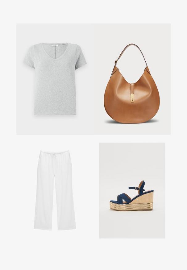 Siva kratka majica s kratkim rukavima napravljena od mekanog materijala s V izrezom i opuštenim krojem. Sadrži suptilnu teksturu i jednostavan dizajn.; Bijele široke hlače izrađene od mekanog materijala, s elastičnom gumom u struku i vezicom, te dva bočna džepa. Jednostavan i uredan dizajn.; Tamnoplava platform sandalica s križnim trakama, teksturirana platforma od prirodne vlaknaste materije, i zlatni metalni detalj na bazi.; Torbica od svjetlosmeđeg kože s zakrivljenim oblikom i širokim remenom za rame. Ima zlatni metalni detalj u središtu i glatku teksturu.