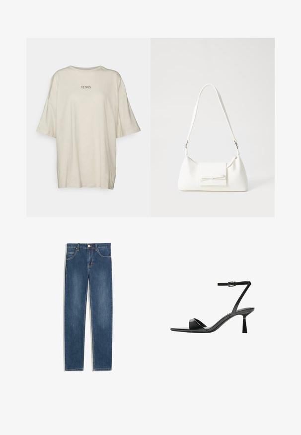 Kremowa, oversize'owa koszulka z miękkiego materiału, z okrągłym dekoltem i krótkimi rękawami. Na środku znajduje się czarny napis "VENUS."; Ciemnoniebieskie dżinsy o prostym kroju, pięć kieszeni, subtelne detale w szwach oraz metalowy guzik w talii.; Bershka - Sandały na obcasie; Biała syntetyczna torba o trójkątnym kształcie, płaskim przednim klapce i detalach w postaci kokardy, regulowanym pasku, gładkiej fakturze oraz minimalistycznym designie.