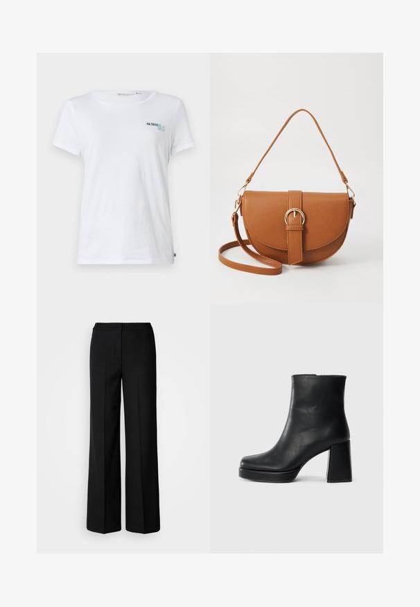 Hvit bomulls t-skjorte med korte ermer, med "SUMMER CLUB" brodert i teal og grønn på venstre brystområde. Klassisk rund halsringning.; Svarte vide bukser med et glatt stoff, med høy livvidde, skreddersydde sømmer og et minimalistisk design. Ingen synlig maskinvare eller lommer.; Sorte skinnankelsko med blokkhæl og plattformsåle, sett fra siden på en enkel hvit bakgrunn.; Brun lærcrossbody-veske med en buet form, gullhardware og et spenneakcent. Har en avtakbar skulderreim.