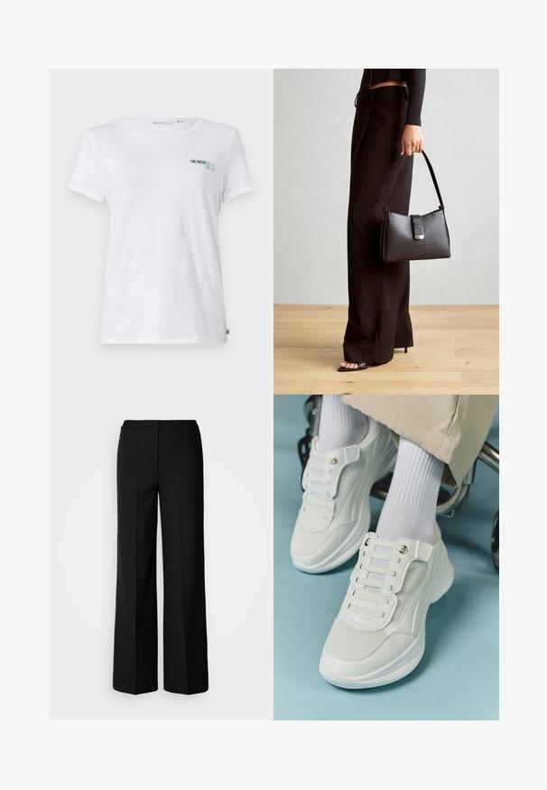 Tricou din bumbac alb cu mâneci scurte, având brodat "SUMMER CLUB" în nuanțe de teal și verde în zona stângă a pieptului. Guler clasic de tip rotund.; Pantaloni negri cu picioare largi dintr-un material neted, având talie înaltă, cusături adaptate și un design minimalist. Fără accesorii vizibile sau buzunare.; Adidași albi cu un material din plasă, talpă din cauciuc, design fără șireturi cu benzi elastice și accente aurii.; Genți negre cu o formă structurată, textură netedă și un închizător metalic. Asortată cu pantaloni negri largi și sandale cu vârf deschis pe un podea din lemn.