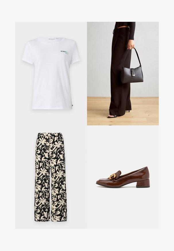 Balts kokvilnas T-krekls ar īsām piedurknēm, uz kura kreisajā krūtī ir izšūts teksts "VASELĪTES KLUBS" tumši zaļā un zilā krāsā. Klasiska apaļa kakla izgriezuma forma.; Melni platie bikses ar krēmkrāsas ziedu rakstu. Izgatavotas no viegla auduma, kuram ir gluda tekstūra un augsta jostasvietas daļa.; Brūni ādas mokasīni ar spīdīgu apdari, ar dekoratīvu zelta sprādzi priekšpusē un zemu blokveida papēdi. Klasisks dizains.; Melnā somiņa ar strukturētu formu, gludu tekstūru un metālu sprādzi. Saskaņota ar platām melnām biksēm un sandālēm ar atvērtu purngalu uz koka grīdas.