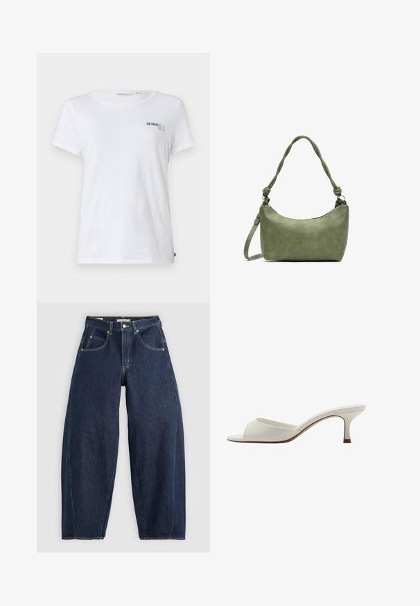 Bijela pamučna majica s kratkim rukavima, s vezom "SUMMER CLUB" u tirkiznoj i zelenoj boji na lijevoj strani prsa. Klasičan okrugli izrez.; Tamno plave traperice s širokim krojem, svijetlim šavovima, pet džepova i zatvaranjem na gumb na struku.; Bijele otvorene sandale s visokom petom, glatke površine, minimalističkog dizajna i uske pete, sa suptilnim smeškastim naglaskom na đonu.; Zelena kožna torbica s glatkom teksturom, zakrivljenim oblikom i pletenom ručkom. Ima zatvaranje na patentni zatvarač i podesivu naramenicu.