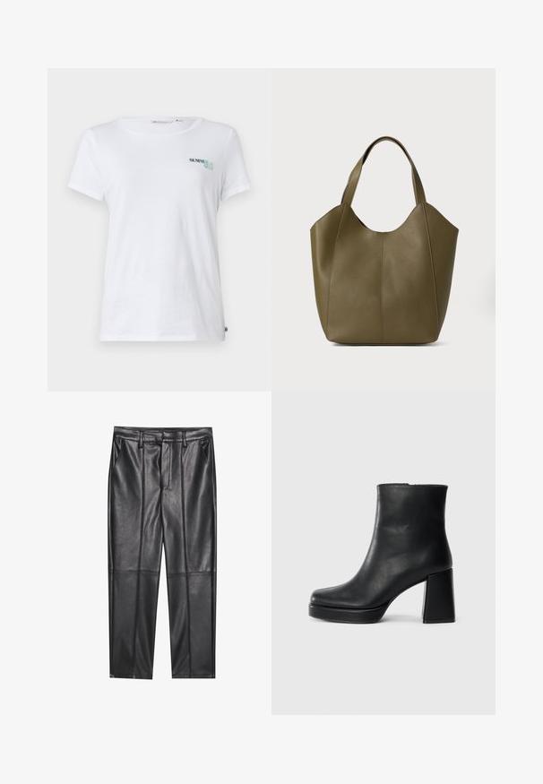 Hvid bomulds t-shirt med korte ærmer, der har "SUMMER CLUB" broderet i teal og grøn på venstre brystområde. Klassisk rund halsudskæring.; Sorte læderbukser med en glat overflade, der har lige pasform, to forlommer og synlige sømdetaljer.; Sort læder ankelstøvle med blokhæl og platformssål, set fra siden på en ensfarvet hvid baggrund.; Oliven grøn læder tote taske med dobbelte håndtag, glat tekstur og fire panel design. Forstærket syning langs sømmene for holdbarhed.