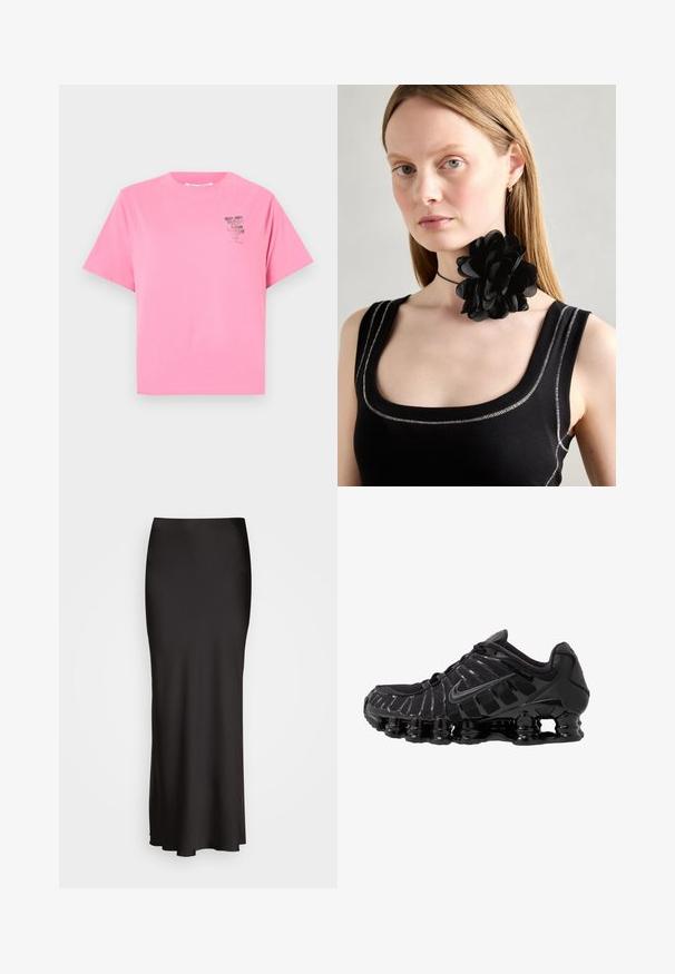 Marc O'Polo DENIM ROUND NECK - Marškinėliai su spaudiniu - soft pink; Juodas, grindų ilgio satino sijonas su lygiu paviršiumi, prigludusia juosmens juosta ir A formos siluetu, neturintis matomų dekoracijų ar raštų.; Juodas sportinis batai su tinklinėmis viršutinėmis dalimis ir blizgiomis detalėmis. Yra kreivai suformuota spyruoklinė amortizacija ir tekstūruoti brūkšniai šone. Matomas Nike logotipas.; Juoda gėlė choker apykaklė, pagaminta iš sluoksniuotų žiedlapių, dėvima su juoda grublėta liemenėle, kurioje sidabro akcentai yra aplink kaklą ir pečius.