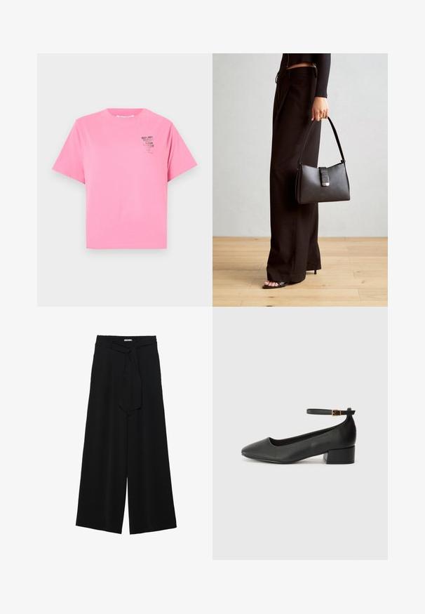 Marc O'Polo DENIM ROUND NECK - Print T-shirt - soft pink; Black wide-leg pants featuring a textured fabric, an elastic waistband, and a detachable sash tie at the waist for adjustable fit.; Black leather pump with a pointed toe and a low block heel. Features an ankle strap with a gold-tone buckle. Smooth texture.; Black handbag with structured shape, smooth texture, and a metallic clasp. Paired with wide black pants and open-toe sandals on wooden floor.