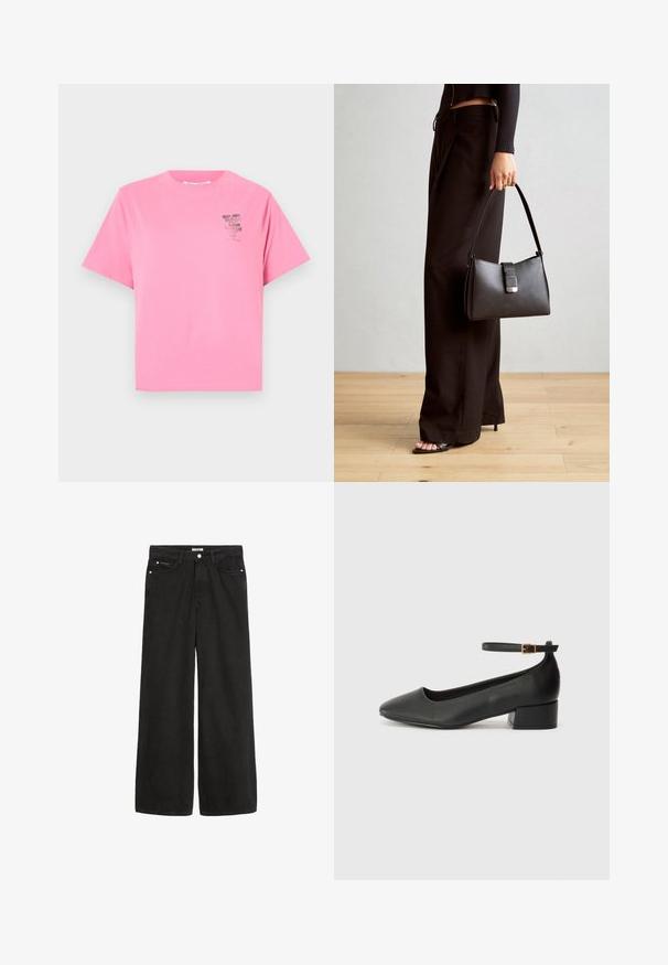 Marc O'Polo DENIM ROUND NECK - Tričko s potlačou - soft pink; Široké čierne denímové džínsy s vysokým pásom. Obsahujú päť vreciek, kovové doplnky a čistý vzhľad. Textúra je hladká a jemná.; Čierne kožené lodičky s špicatou špičkou a nízkym blokovým podpätkom. Obsahuje remienok okolo členka so zlatým prackou. Hladký povrch.; Čierna kabelka so štruktúrovaným tvarom, hladkou textúrou a kovovou sponou. V kombinácii so širokými čiernymi nohavicami a sandálmi s otvorenou špičkou na drevenej podlahe.