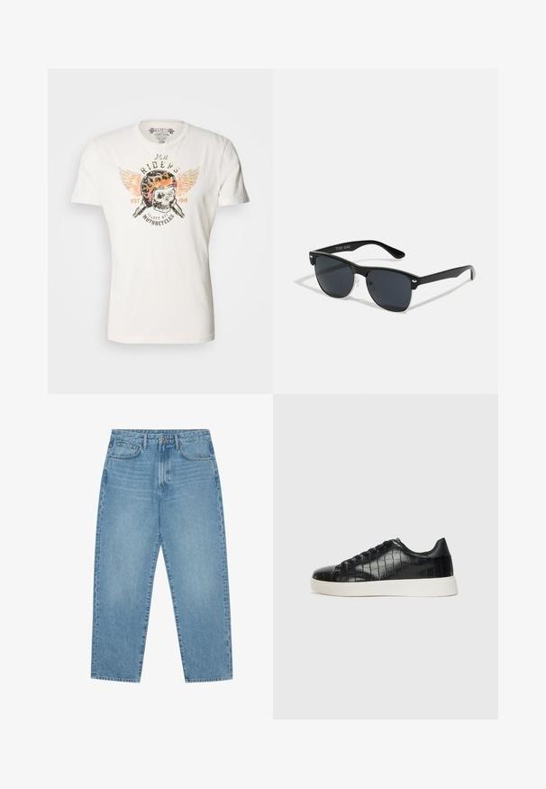 Balta medvilninė marškinėlių su kaukolės grafiką, kurioje pavaizduota šalmą ir sparnai, spausdinta juoda, oranžine ir pilka spalvomis, su vintage motociklų tematika.; Šviesiai mėlyni džinsai su plačiomis kojomis ir aukštu liemeniu, turintys penkias kišenes, diržo kilpas ir švelnų, šiek tiek išblukusį tekstūrą.; Juodi sportiniai batai su tekstūruotu krokodilo odos pamušalu, apvalia kojų dalimi ir kontrastinga balta guma su lygiu paviršiumi.; Juodos saulės akinių su stačiakampiu rėmeliu, tamsiais lęšiais, sidabrinėmis detalėmis šventrajose ir matinio paviršiaus rėmeliu.