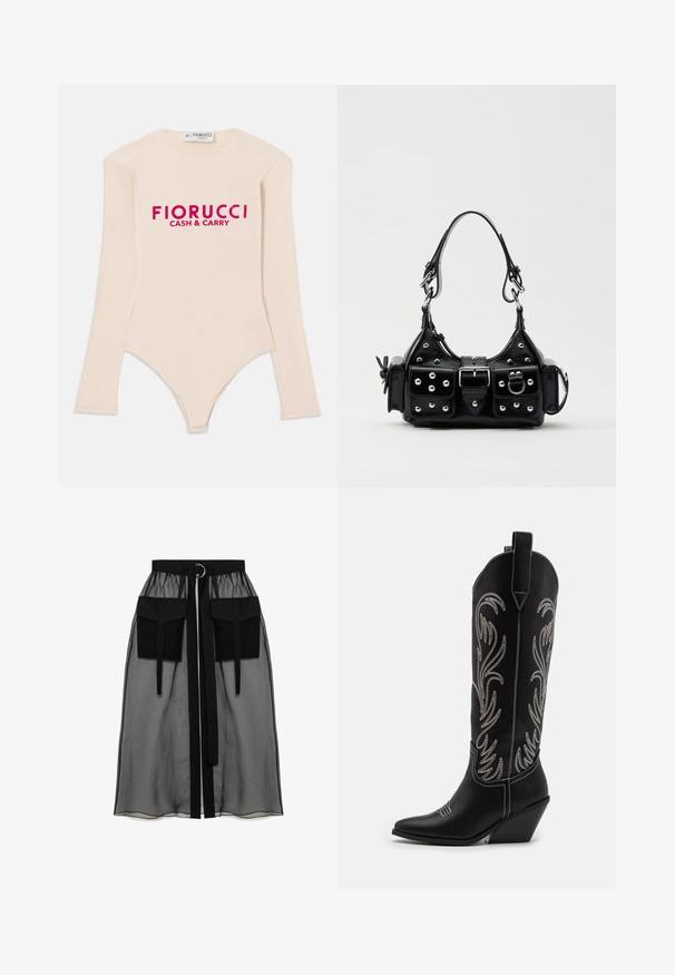 Long-sleeve nude bodysuit made from soft fabric, featuring a scoop neckline and bold pink "Fiorucci CASH & CARRY" logo across the chest.; Black sheer skirt with a gathered waistband, featuring two large front pockets, a waist tie, and a circular metal accent.; Black leather cowboy boots with pointed toes, wedge heels, and silver embroidered floral patterns along the shaft. Contrast stitching throughout.; Black leather handbag with a curved design, featuring silver studs, a buckle, and two side pockets. Adjustable strap for carrying options.