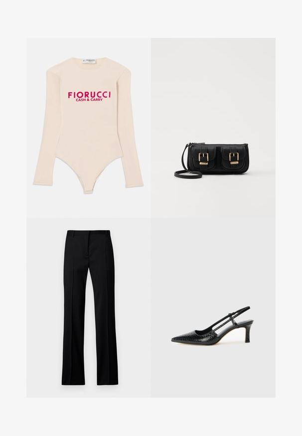 Langermet nude bodysuit laget av mykt stoff, med scoop neckline og en dristig rosa "Fiorucci CASH & CARRY" logo på brystet.; Svarte rettloved bukser i glatt stoff, med flat front, beltefester og ingen synlige lommer eller utsmykninger.; Sorte patent slingback hæl med spids tå, featuring tekstureret slangeskind, justerbar rem og en kort, tekstureret blokhæl.; Svart skinn crossbody veske med to frontlommer, gyldne spenner, glidelåslukking og en slank stropp. Teksturert overflate og kompakt rektangulær form.