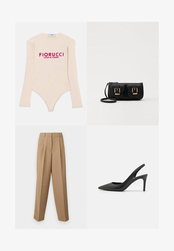 Langermet nude bodysuit laget av mykt stoff, med scoop neckline og en dristig rosa "Fiorucci CASH & CARRY" logo på brystet.; Beige skræddersyede bukser med høj talje, plisseret front og brede ben. Stof virker glat med en let glans.; Sorte skinnslingback hæler med spiss tå-design, som har et utsnitt foran og en tynn stilettohæl.; Svart skinn crossbody veske med to frontlommer, gyldne spenner, glidelåslukking og en slank stropp. Teksturert overflate og kompakt rektangulær form.