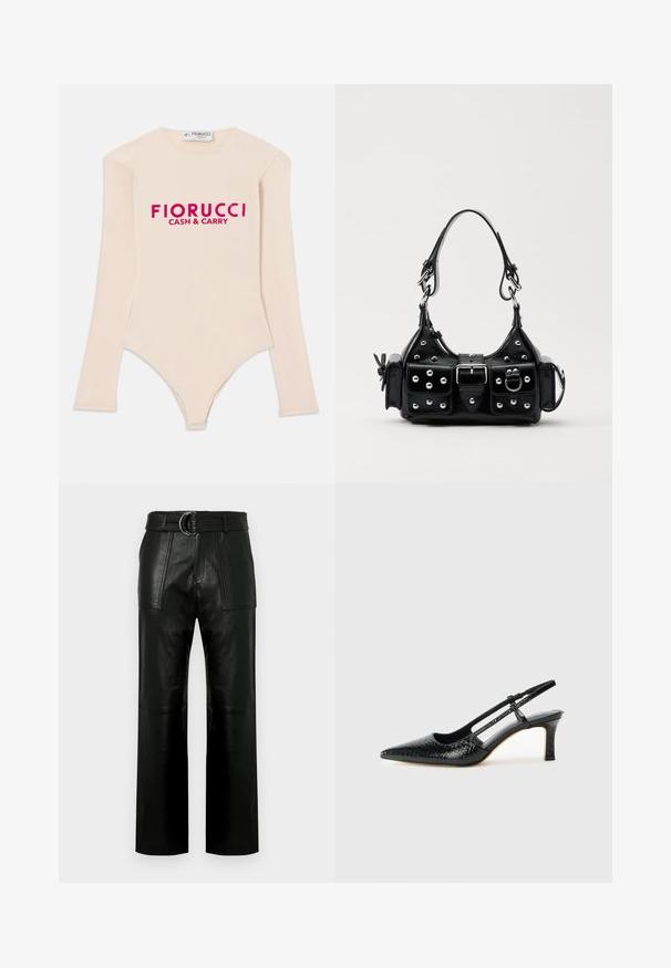 Langärmliger nudefarbener Body aus weichem Stoff, mit Rundhalsausschnitt und auffälligem pinken "Fiorucci CASH & CARRY"-Logo über der Brust.; Hochtaillierte schwarze Lederhose mit weitem Bein, großen aufgesetzten Taschen vorne und einem passenden Gürtel mit Doppelringverschluss.; Schwarze Lack-Slingback-Pumps mit spitzem Zehenbereich, versehen mit strukturiertem Schlangenprint, verstellbarem Riemen und einem kurzen, strukturierten Blockabsatz.; Schwarze Lederhandtasche mit einem geschwungenen Design, verziert mit silbernen Nieten, einer Schnalle und zwei seitlichen Taschen. Verstellbarer Träger für verschiedene Tragemöglichkeiten.