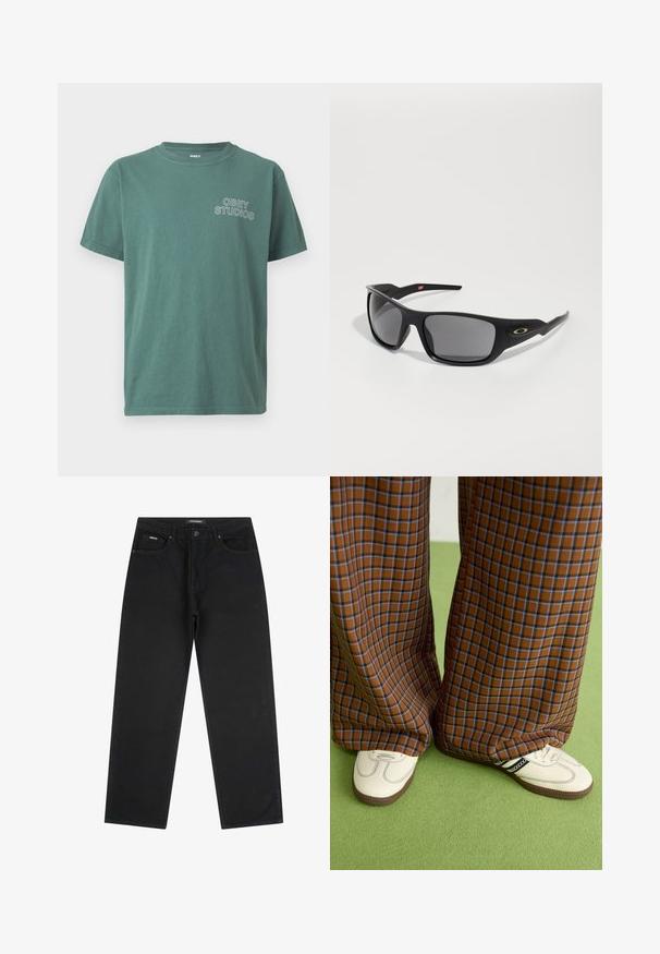 Vihreä puuvillapaita, jossa on pyöreä kaula-aukko, lyhyet hihat ja valkoinen "OBEY STUDIOS" -logo vasemmassa rinnassa. Pehmeä tekstuuri, rento muotoilu.; Mustat suorat farkut, joissa on etupainike ja vetoketju, vyölenkit ja viisi taskua, aseteltuna litteäksi valkoista taustaa vasten.; Ruskonsin ja sininen ruutukuvioinen leveälahkeinen housut yhdistettynä valkoisiin kenkiin, joissa on mustia yksityiskohtia ja tekstuuripohjat, vihreää taustaa vasten.; Mustat aurinkolasit, joissa on suorakulmainen muoto, valmistettu kestävästä muovista, harmailla tummennetuilla linsseillä ja kultaisella yksityiskohdalla sivussa.
