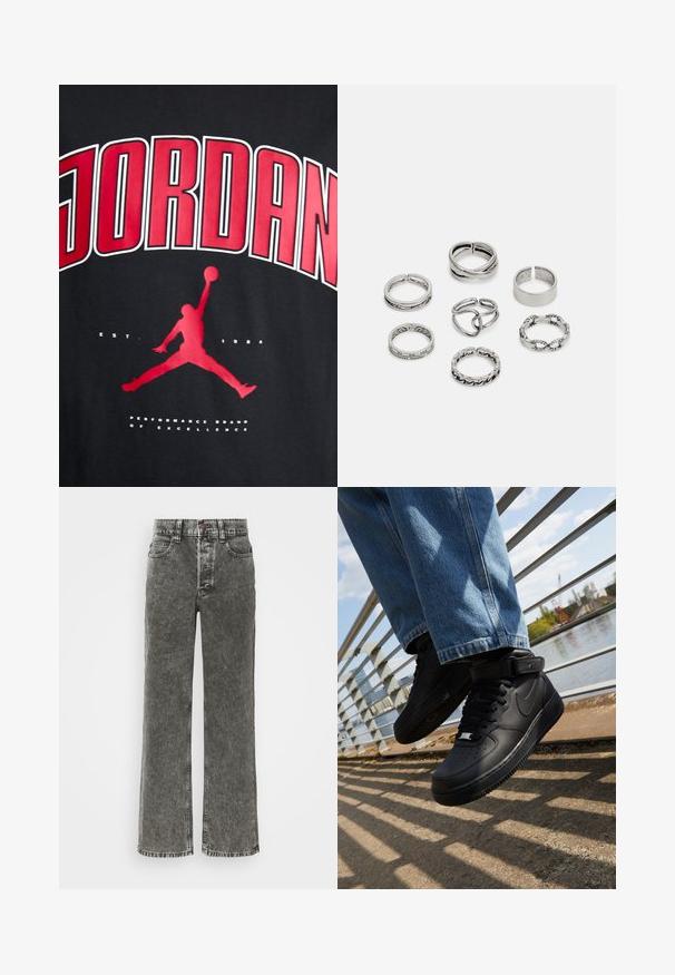 T-shirt preta com texto em vermelho audacioso "JORDAN", silhueta de uma figura a saltar e "EST. 1984" em branco abaixo da imagem.; Calças largas em denim preto desbotado, com fecho de botão, design de cinco bolsos e costura em contraste ao longo das costuras.; Sapatilhas Nike Air Force 1 pretas com parte superior em pele, língua em malha e sola em borracha, apresentando um design de cano alto e atacadores grossos.; Conjunto de sete anéis de prata com vários designs, incluindo padrões torcidos, entrelaçados e gravados. Diferentes formas e larguras.