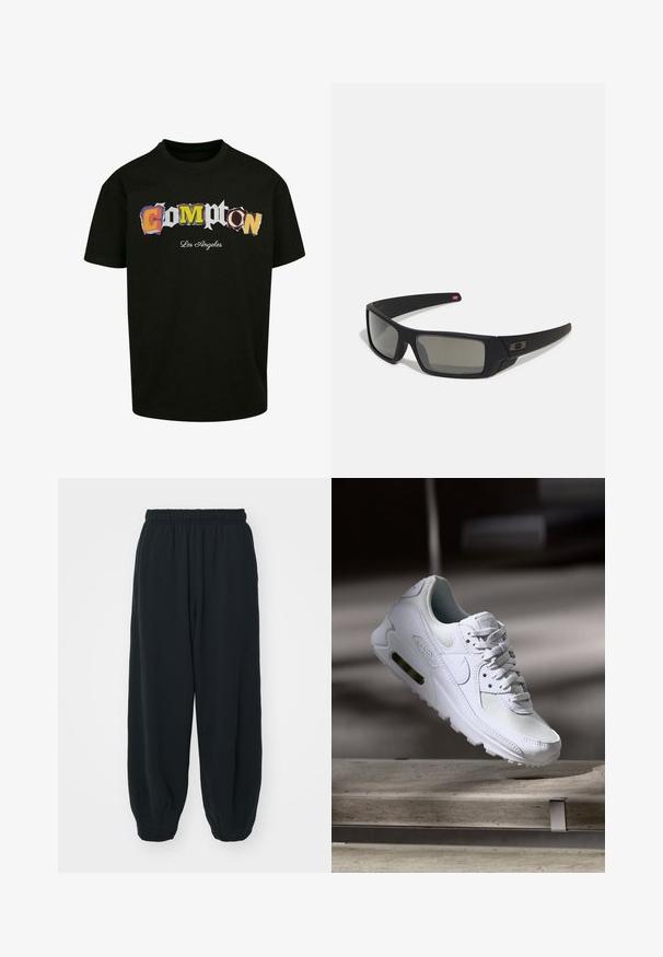 Tricou negru cu mânecă scurtă, având inscripția multicoloră, în stil decupat, "Compton Los Angeles" imprimată pe față. Material din bumbac.; Pantaloni de trening negri, cu talie elastică, cu o croială lejeră, la baza pantaloni fiind strânși, având o textură netedă și fără modele sau accente metalice vizibile.; Adidașii Nike Air Max 90 albi, având un superior din plasă și piele, cutie pentru degete perforată și o unitate de aer vizibilă în călcâie.; Ochelari de soare negri cu o finisare mată, lentile dreptunghiulare, curbură ușoară pe bănci, detaliu subtil cu logo și lentile cu tentă fumurie.