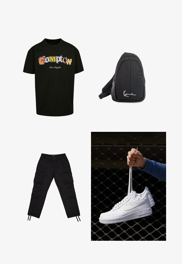 Juodas trumpas rankovėmis marškinėliai su daugiapakopiu, iškirptu stiliumi tekstu "Compton Los Angeles" spausdintu priekyje. Pagaminta iš medvilnės.; Juodi kargo keliai su elastingu juosmeniu, keliais šoninėmis kišenėmis ir raišteliais apačioje. Pagaminti iš patvarios medžiagos su matinio paviršiaus apdaila.; Balti odiniai sportiniai bateliai su perforacijomis, apvalia nosimi, plokščiu padu ir storomis raištelėmis, su matomu swoosh logotipu ir "AIR" ant kulno.; Juodas audinio petinis krepšys su lygiu paviršiumi, turintis kreivą dizainą, užtrauktuku uždaromą skyrių ir baltą logotipą priekyje.