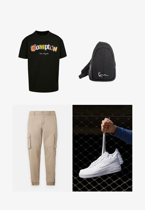 Camiseta negra de manga corta con texto recortado en múltiples colores que dice "Compton Los Ángeles" impreso en el frente. Material de algodón.; Pantalones cargo beige de un material de algodón ligero. Presenta puños elásticos, múltiples bolsillos laterales y un cierre de botón.; Zapatillas de cuero blanco con perforaciones, punta redonda, suela plana y cordones gruesos, con un logo de swoosh visible y "AIR" en el talón.; Mochila de tela negra tipo bandolera con una textura suave, que presenta un diseño curvado, un compartimento con cremallera y un logo blanco en la parte frontal.
