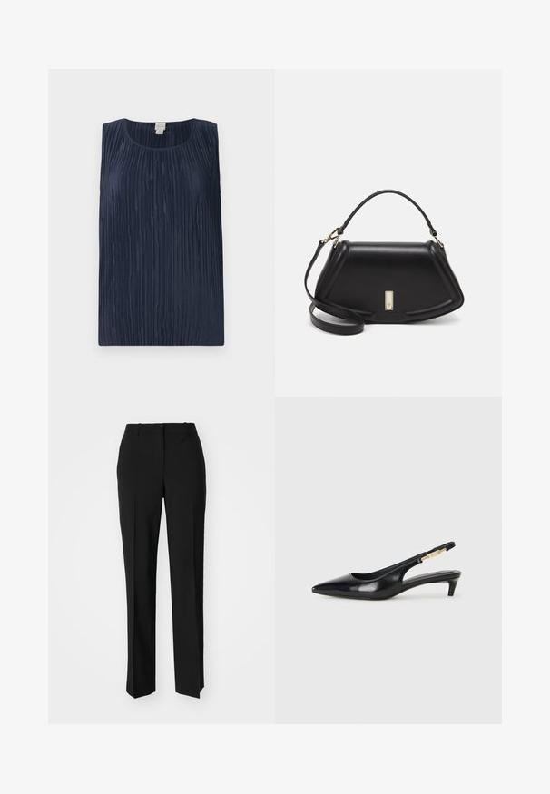 Granatowa, bezrękawnikowa bluzka z fakturowanym, plisowanym wzorem, okrągłym dekoltem i miękkim, gładkim materiałem. Brak widocznych elementów metalowych lub ozdób.; Czarne spodnie o dopasowanym kroju z prostymi nogawkami, o gładkiej fakturze i wyraźnych zagięciach z przodu. Bez widocznych elementów metalowych.; Czarne skórzane szpilki typu slingback z ostrym noskiem, posiadające smukły obcas i złoty akcent na regulowanym pasku. Gładka tekstura.; Czarna skórzana torebka o strukturalnym designie, z przyciętą formą, górnym uchwytem i złotymi akcentami. W zestawie regulowany pasek na ramię.