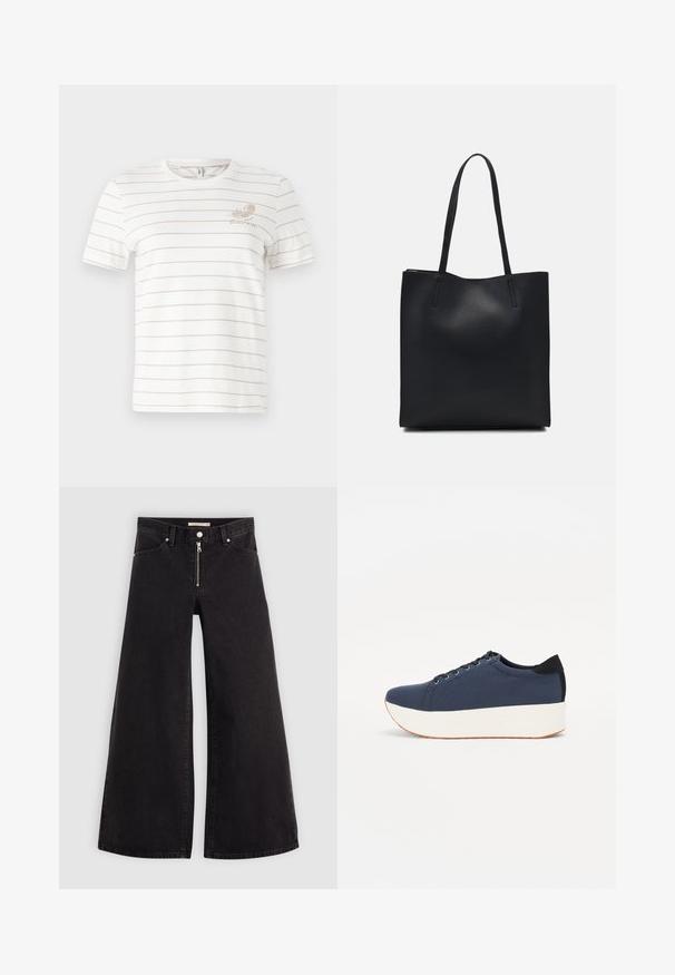 Tricou alb din bumbac, cu dungi subțiri orizontale bej, guler rotund, mâneci scurte și un mic design imprimat pe pieptul stâng.; Jeans cu picioare largi din denim negru, cu fermoar în față, design cu cinci buzunare și detalii subtile de cusătură. Textură netedă și stil casual.; Sneaker albastru închis, cu un material texturat pe partea superioară, talpă platformă albă, vârf rotunjit și accent de călcâi negru. Dispune de șase găuri pentru șireturi.; Geantă tote neagră din piele, cu textură netedă, formă rectangulară și două mânere lungi. Fără hardware vizibil sau ornamente.