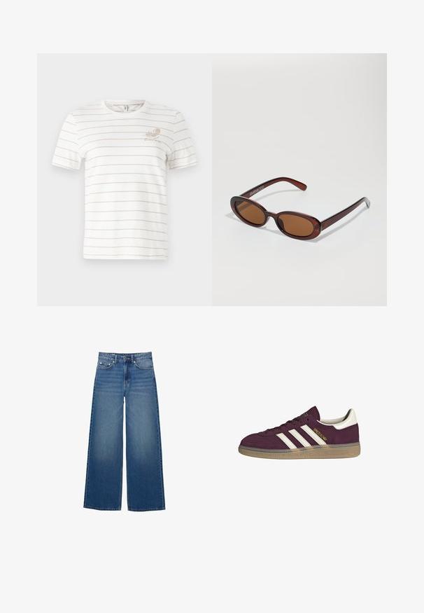 White cotton t-shirt with thin beige horizontal stripes, crew neck, short sleeves, and a small printed design on the left chest.; Wide-leg blue jeans made of denim, featuring a high waist, stitched accents, and a simple design with a slight fade effect.; Maroon suede sneaker with white three stripes and beige accents. Features a textured rubber sole and gold branding on the side.; Round, brown-tinted sunglasses with a glossy burgundy frame. Slim arms with subtle branding detail. Flat lens design.; Brown woven leather handbag with a slouchy, triangular shape. Features a braided handle and a zipper closure along the top.