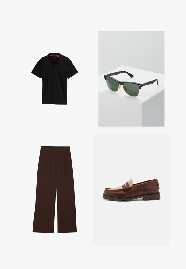 Černé polo tričko s texturovanou tkaninou, červenými akcenty na límci a rukávech, zapínáním na tři knoflíky, krátkými rukávy a bez viditelných vzorů.; Hnědé kalhoty s širokým střihem a skladbami. Vyrobeny z hladké tkaniny, s upraveným pasem a postranními kapsami. Rovný lem na spodní straně.; Hnědé kožené mokasíny s taupe plátěným akcentem, prošívanými detaily a texturovanou gumovou podrážkou navrženou pro pohodlí a odolnost.; Sluneční brýle Ray-Ban se zelenými skly, černými plastovými rámy a zlatými akcenty na okrajích. Čtvercový tvar s matným povrchem.